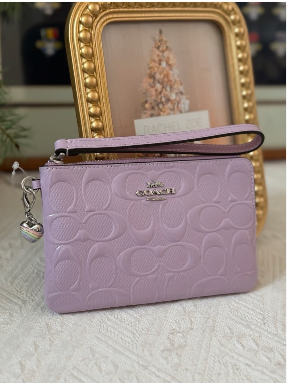 Coach corner zip Wristlet wallet with heart Charm